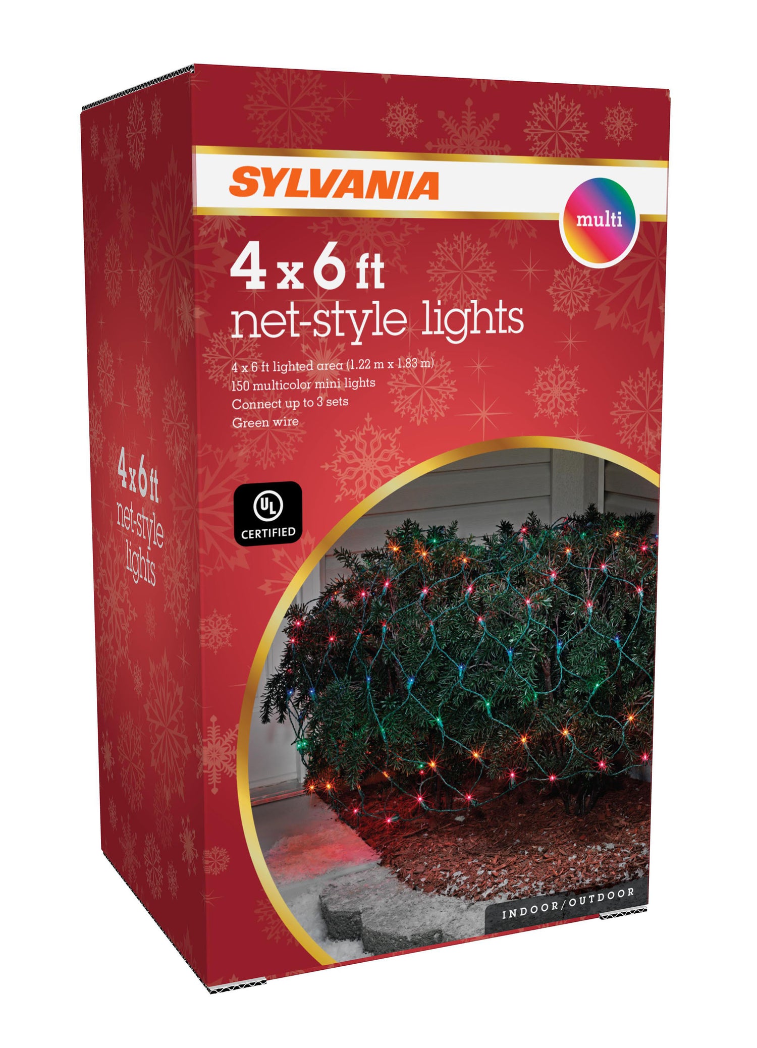 Basically a blanket of lights. You can wrap it around tree trunks, you can throw it over a bush, etc. There are different color options. These lights are multi-colored.
