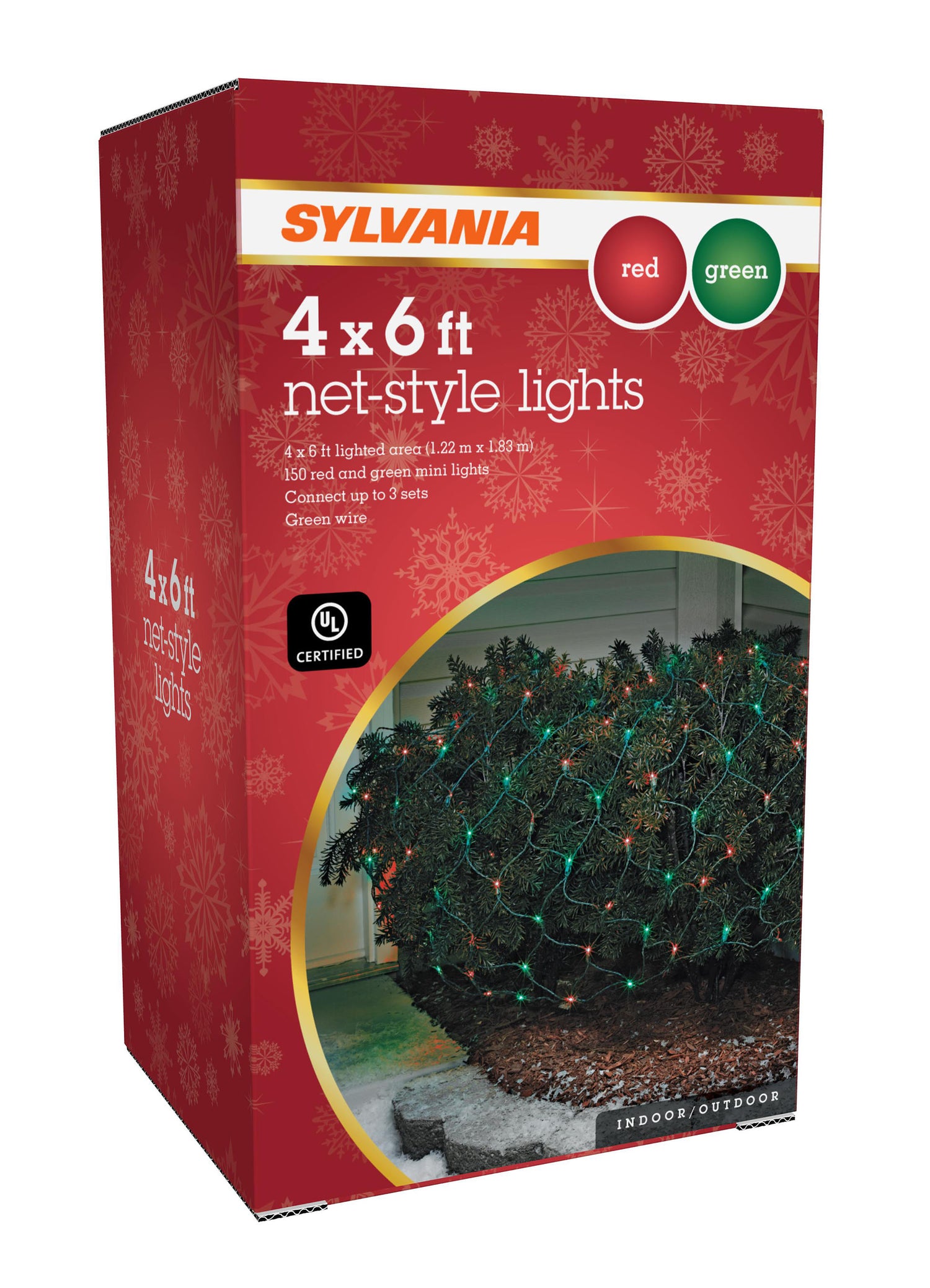 Basically a blanket of lights. You can wrap it around tree trunks, you can throw it over a bush, etc. There are different color options. These lights are red and green.