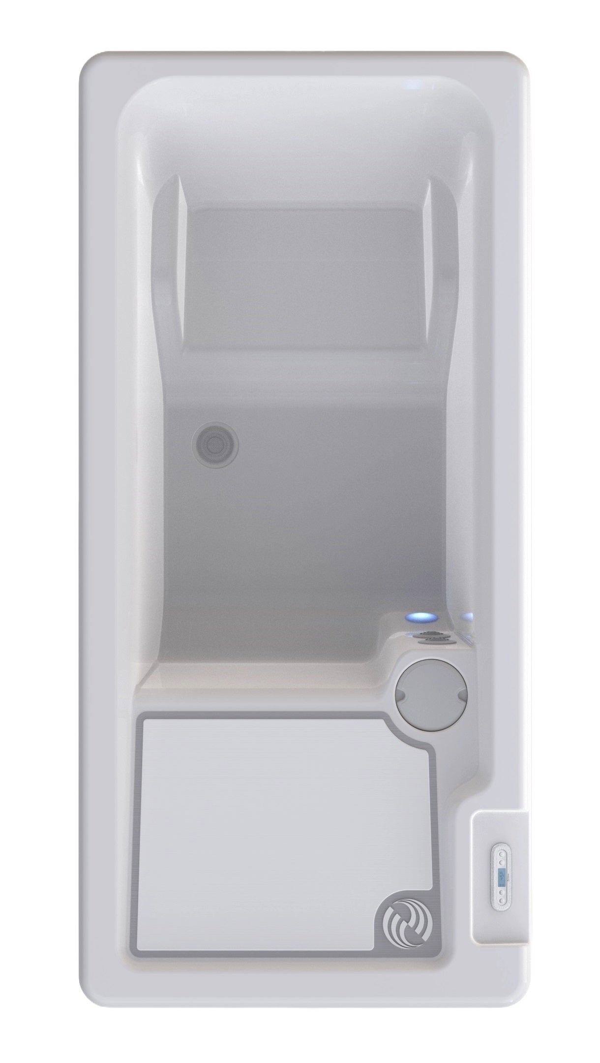 Long, rectangular tub designed for a cold plunge. The cabinet color is a tan-ish gray color and the inside is white. There's one seat. This is a view from above.