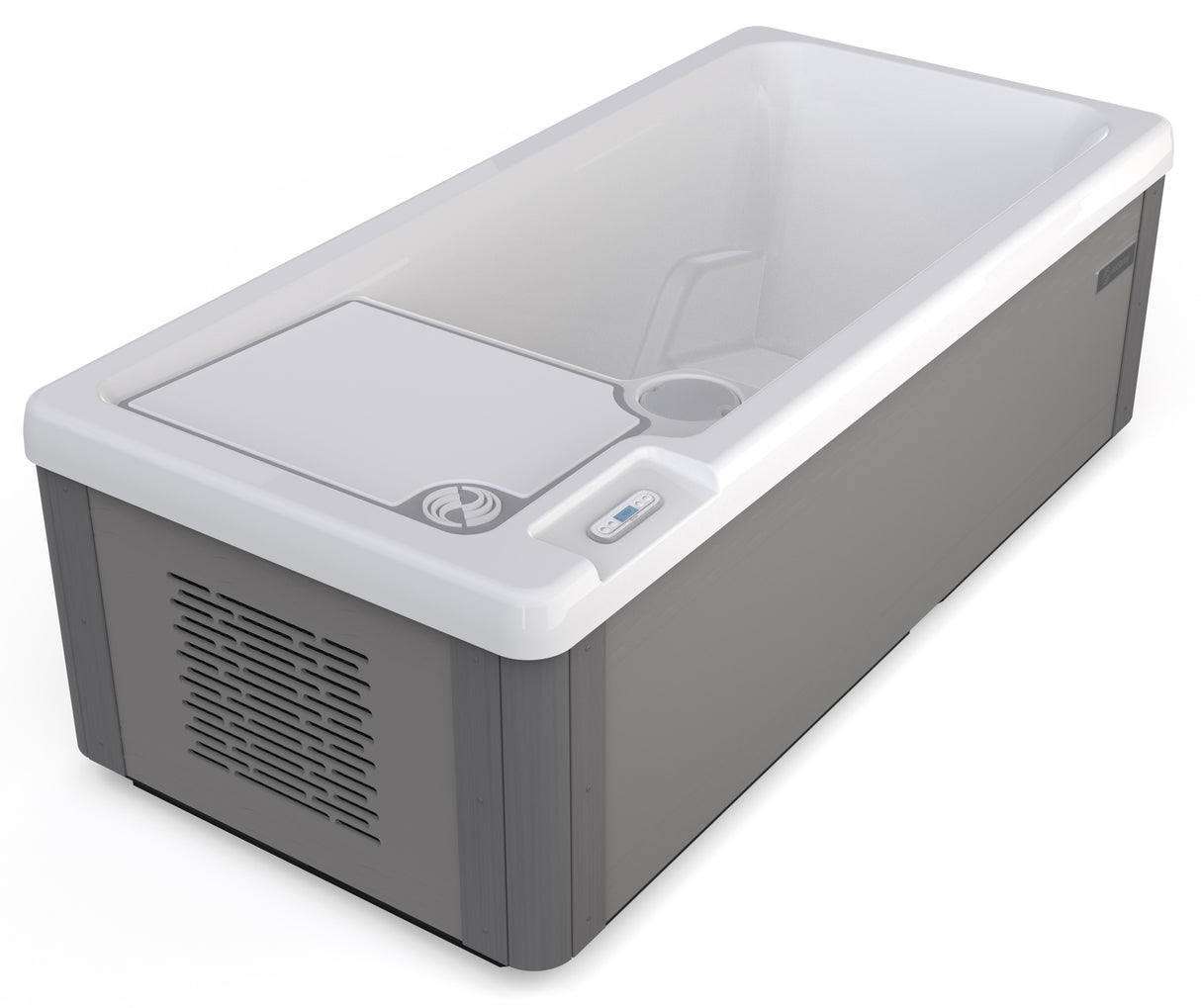 Long, rectangular tub designed for a cold plunge. The cabinet color is a tan-ish gray color and the inside is white. There's one seat.