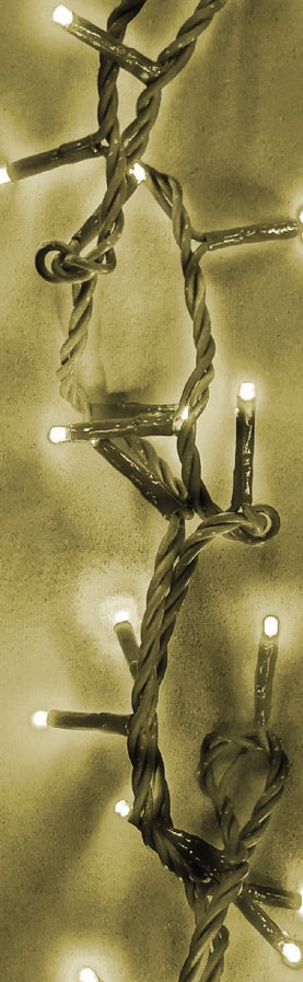 This image shows the string of warm white lights all lit up.