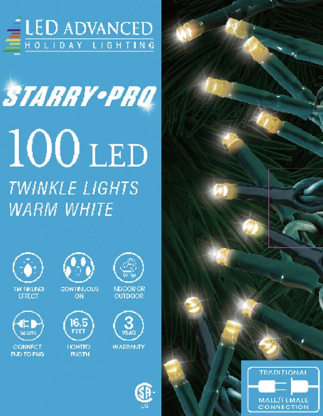 This image shows the box that these warm white lights come in. It reads "LED Advanced Holiday Lighting. Starry PRO. 100 LED twinkle lights warm white. Twinkling effect. Continuous-on. Indoor or outdoor use. Connect end-to-end. 16.5 lighted length. 3 year warranty."