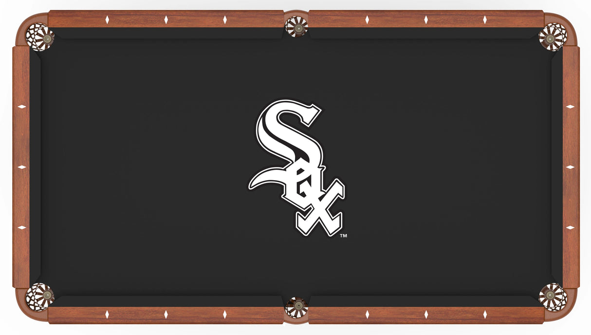 This image shows a pool table with a black felt cloth that has the White Sox logo in the center.