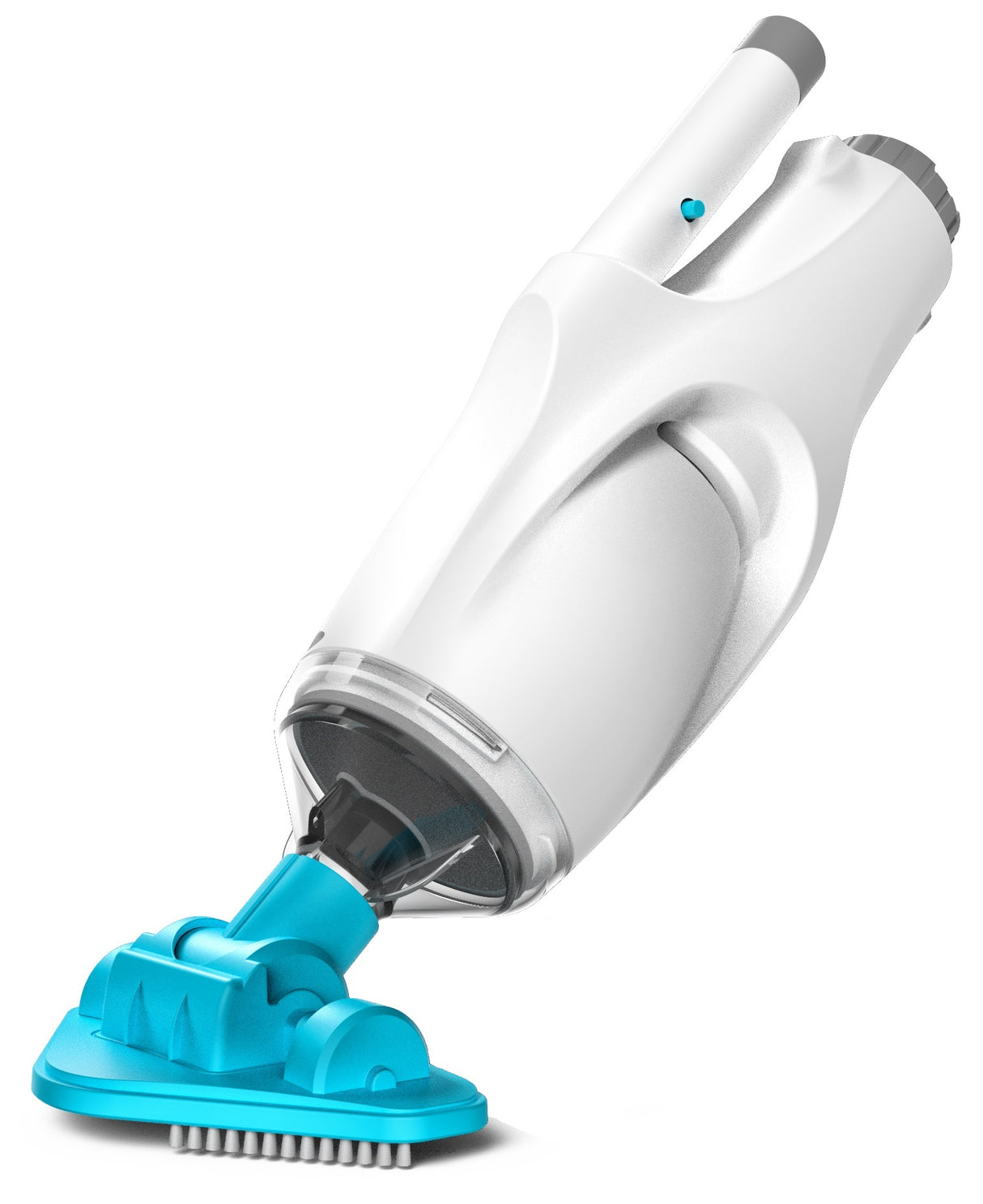 Handheld pool vacuum. The body is white and gray and the head is a neon blue color. It has white bristles to brush the pool liner.