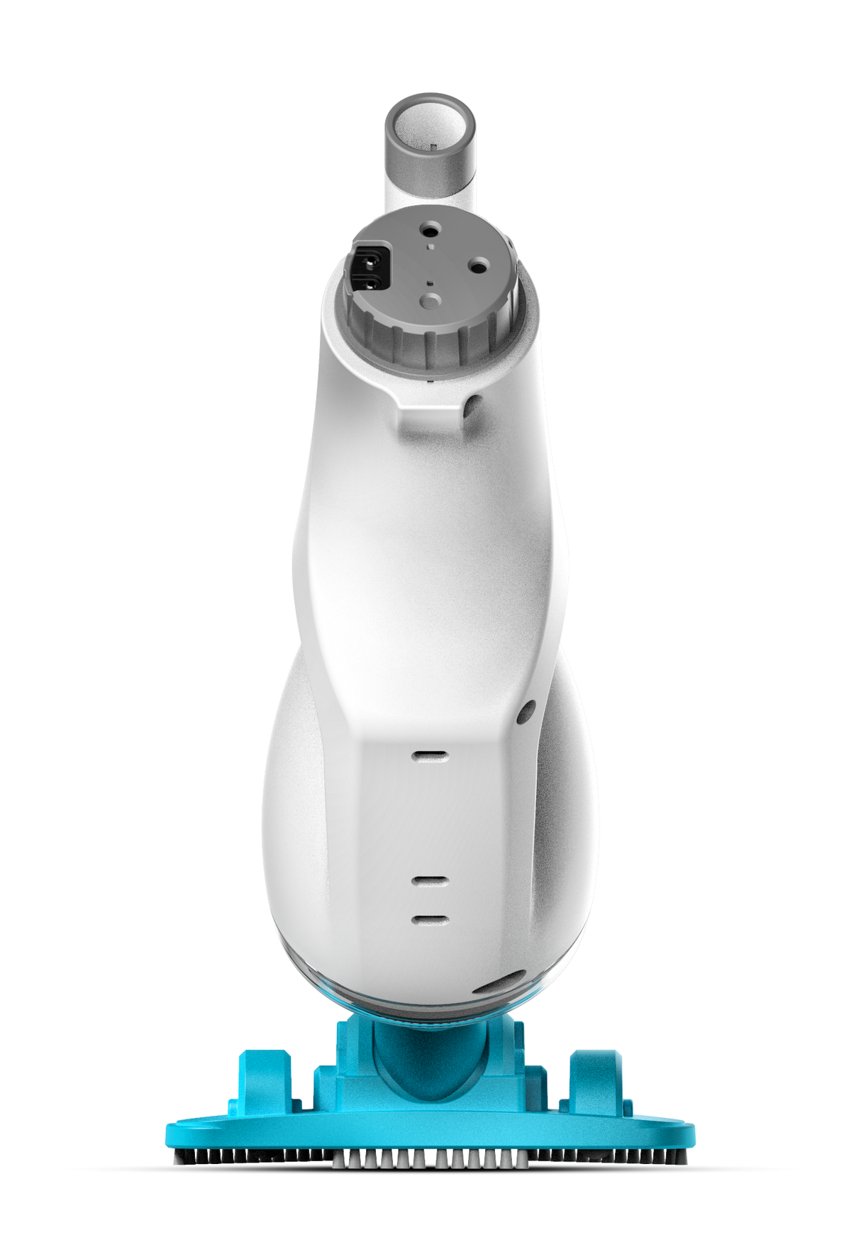 Handheld pool vacuum. The body is white and gray and the head is a neon blue color. It has white bristles to brush the pool liner.