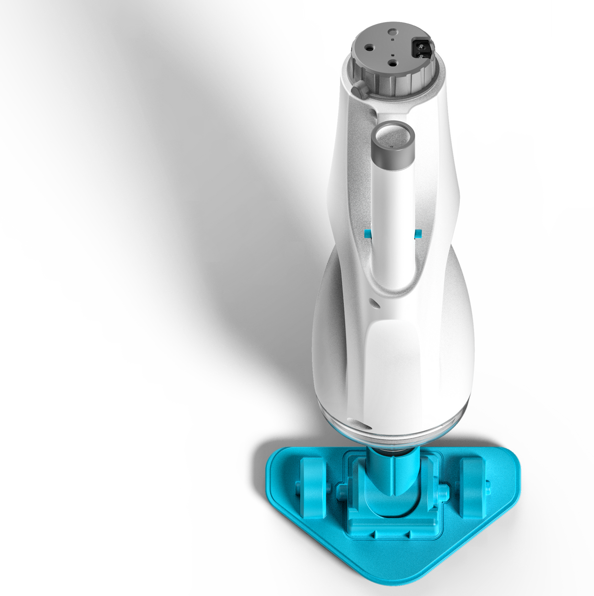Handheld pool vacuum. The body is white and gray and the head is a neon blue color. It has white bristles to brush the pool liner.