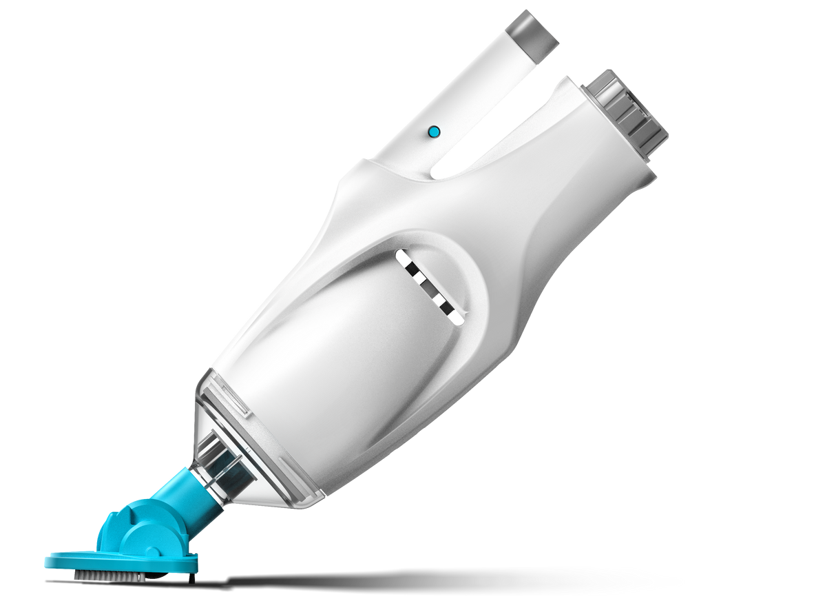 Handheld pool vacuum. The body is white and gray and the head is a neon blue color. It has white bristles to brush the pool liner.