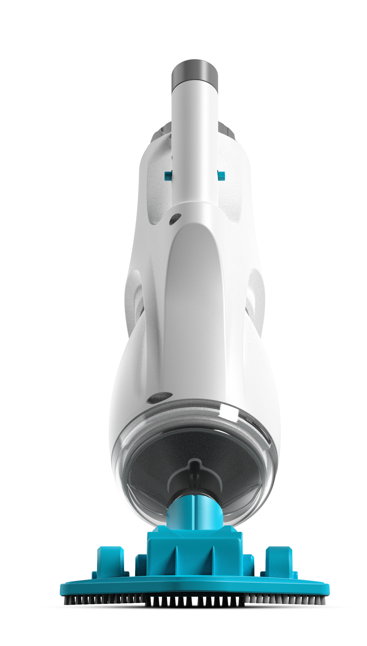 Handheld pool vacuum. The body is white and gray and the head is a neon blue color. It has white bristles to brush the pool liner.