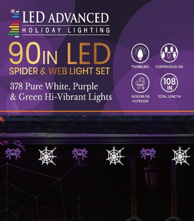 This image shows the packaging that this light set comes in. It reads "LED Advanced Holiday Lighting. 90 inch LED spider and web light set. 378 pure white, purple and green hi-vibrant, twinkling lights. Continuous-On technology. For indoor or outdoor use. This light set measures 108 inches long in total."