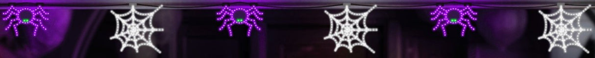 This is a lifestyle image showing this LED Halloween garland. The garland is made up of alternating Halloween motifs: purple spider with green eyes and then white spiderweb.
