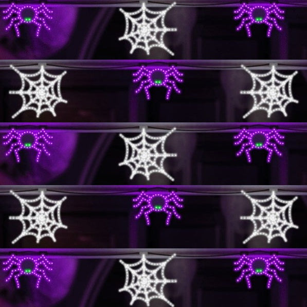 This is a lifestyle image showing this LED Halloween garland. The garland is made up of alternating Halloween motifs: purple spider with green eyes and then white spiderweb.