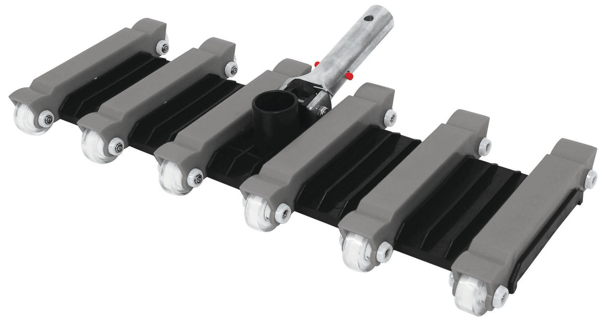 Pool vacuum head with wheels. The handle is silver, the head is black and gray and the wheels are white.