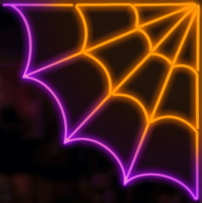 This image shows what this Halloween decoration looks like. It's designed to look like a spider web that goes into the corner of a door or wall. The colors are orange and purple.