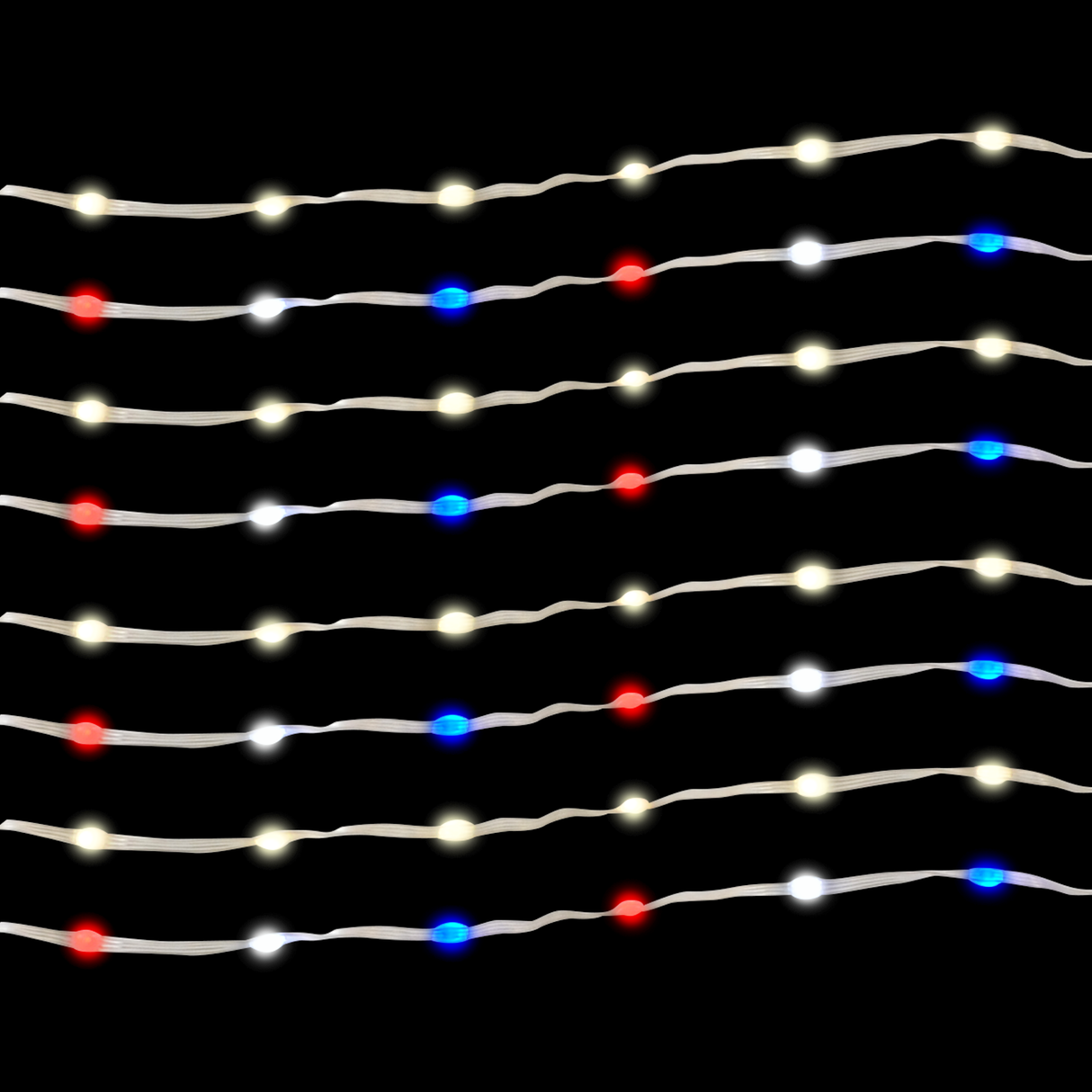 Battery operated lights that go from warm white to red, white and blue.