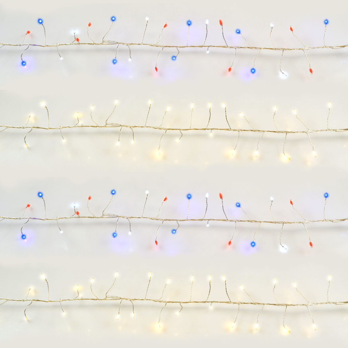 Battery operated lights that go from warm white to red, white and blue.