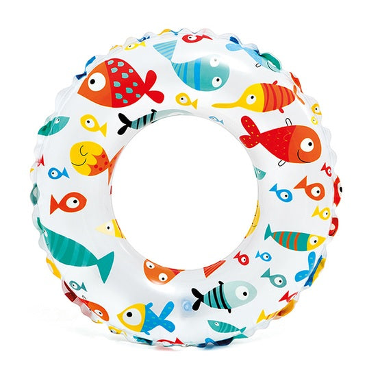 Inner tube with multi-colored cartoon fish on it.
