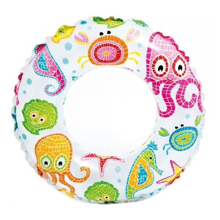 Inflatable inner tube with different colored cartoon fish on it. The fish have a mosaic design.