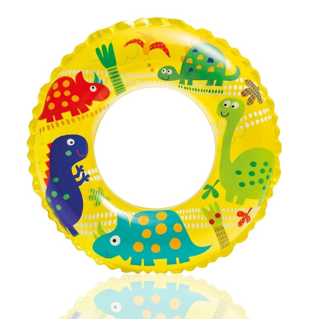 Yellow inflatable with colorful dinosaurs on it.