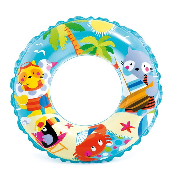 Inflatable inner tube with colorful sea animals on it.