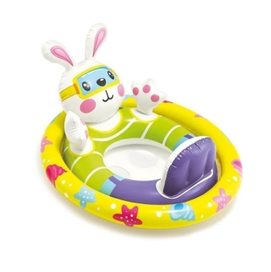 Pool inflatable for kids shaped like a bunny wearing goggles.