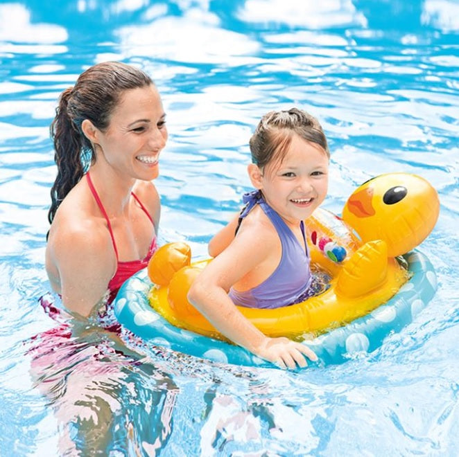 Pool inflatable for kids shaped like a duck.