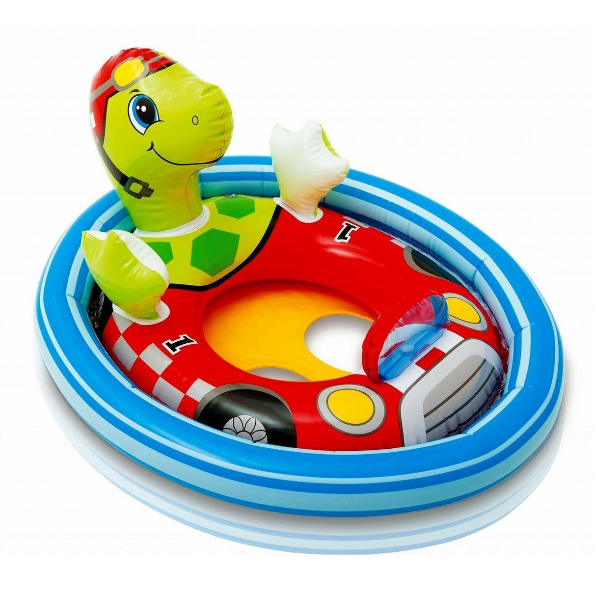 Pool inflatable for kids shaped like a turtle driving a racecar.