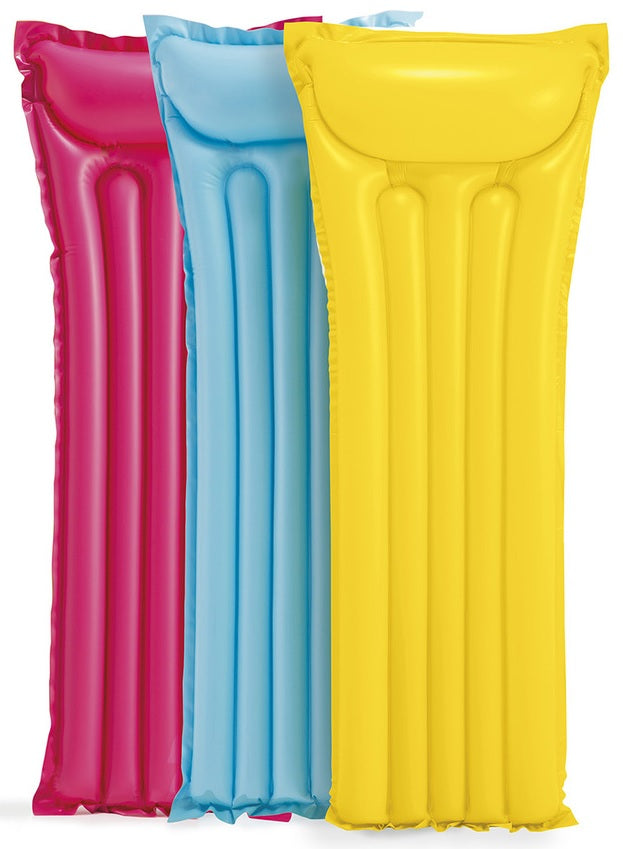 Different colored inflatable pool mats.