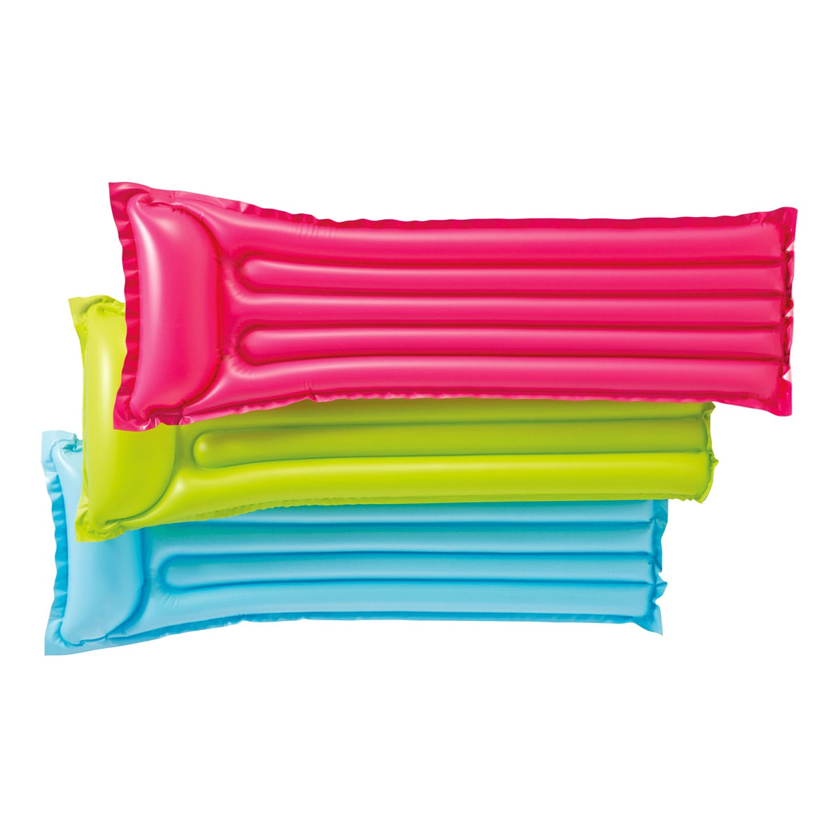 Neon colored inflatable pool mat.