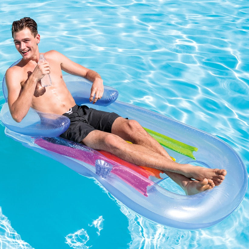 A clear blue pool inflatable with rainbow colored accents.