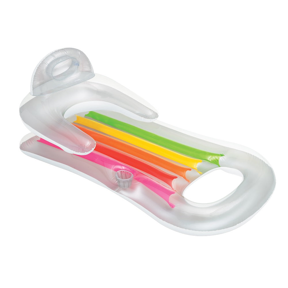 A clear pool inflatable with rainbow colored accents.