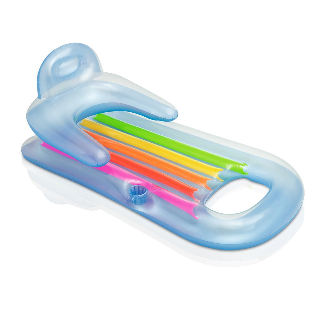 A clear blue pool inflatable with rainbow colored accents.