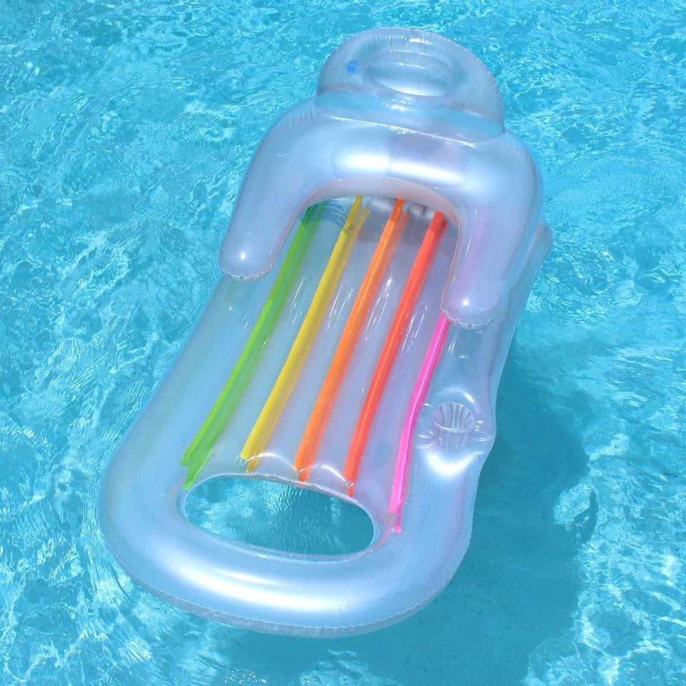 Inflatable pool chair with rainbow colored accents.