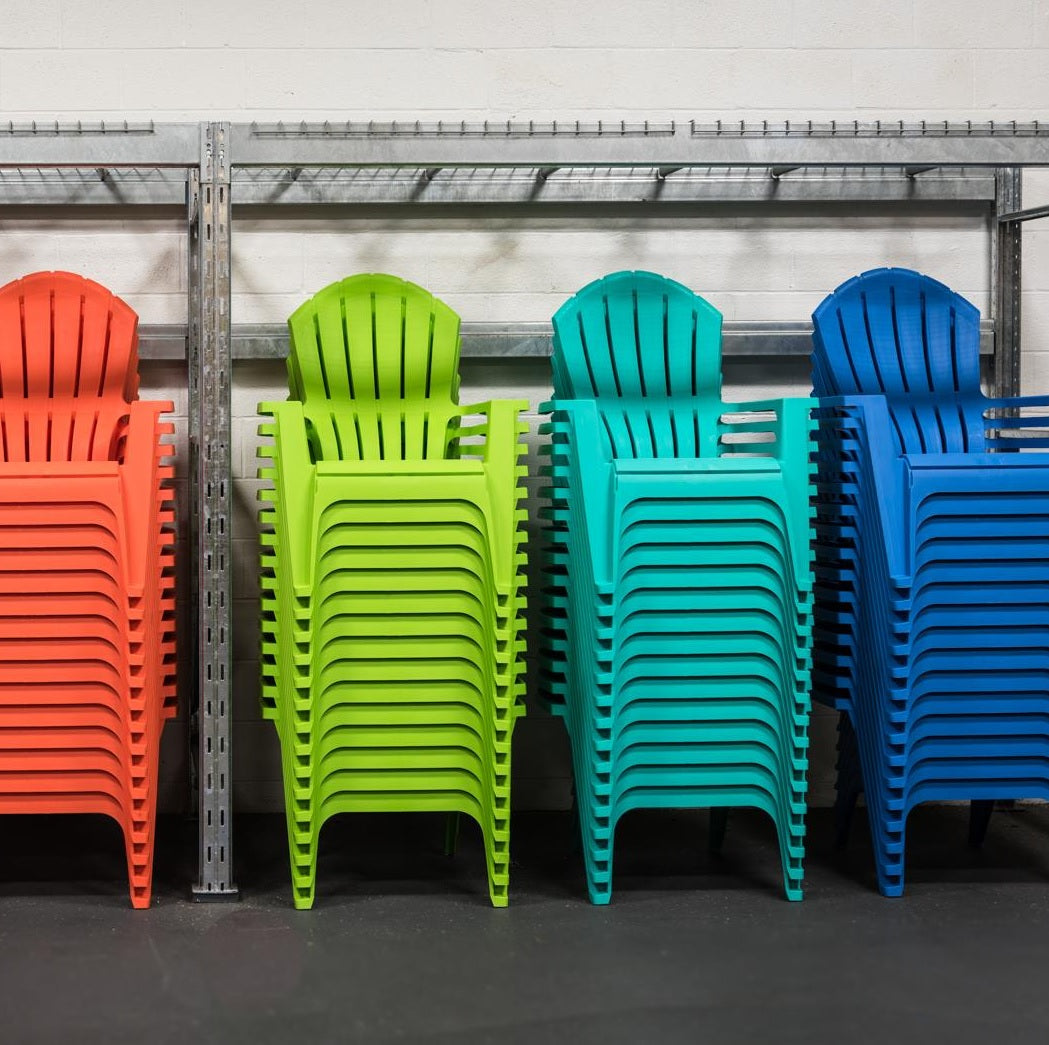 Adirondack chairs on display.