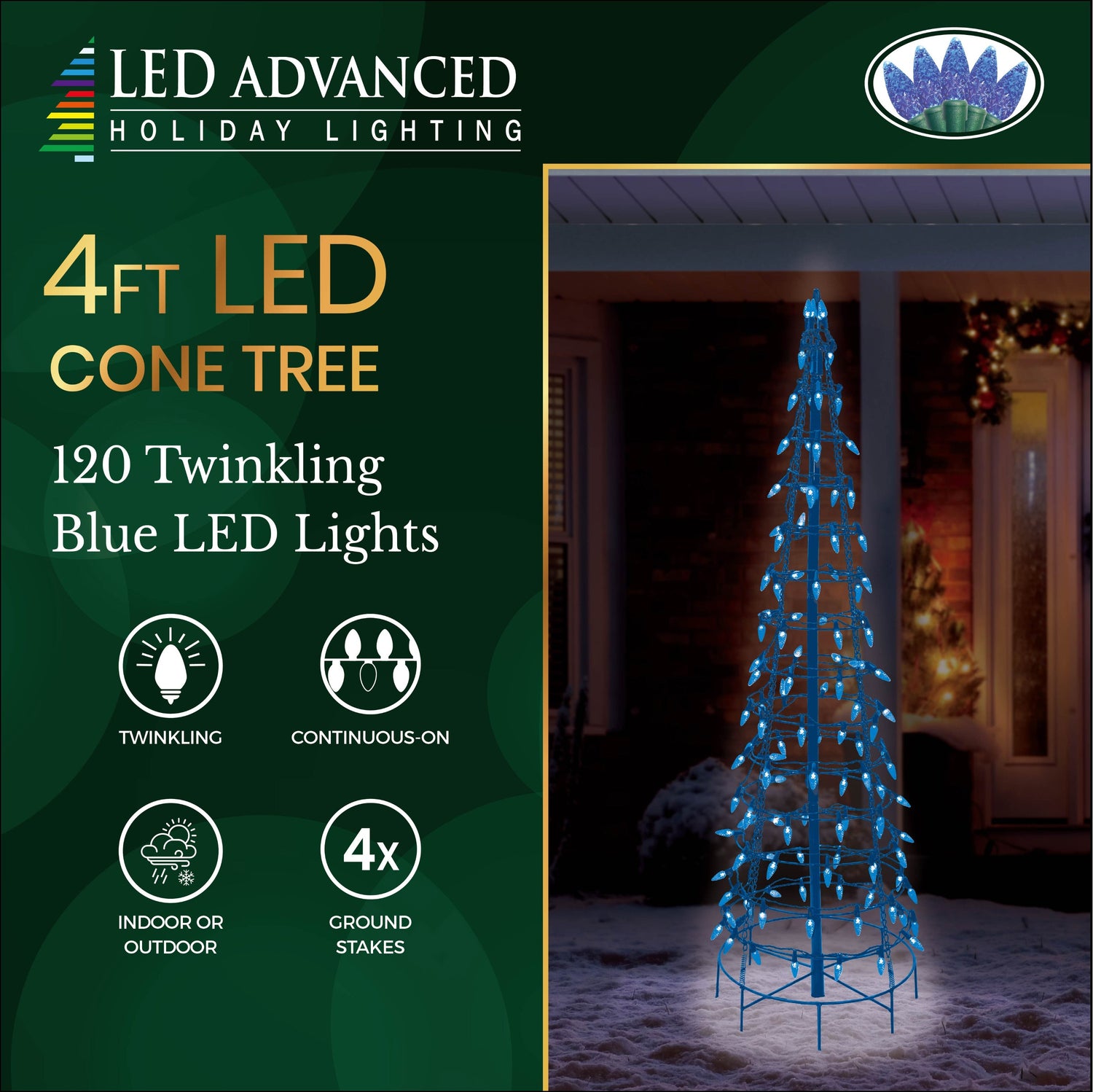 A wire cone tree pre-lit with blue LED lights. This one is 4 ft. tall.