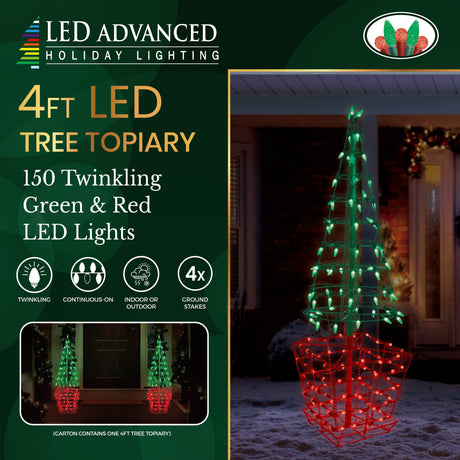 4' Green & Red Twinkling LED Tree Topiary Outdoor Decoration