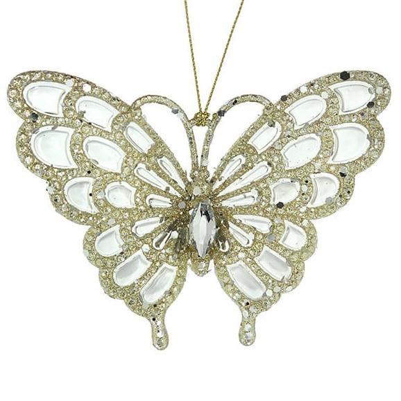 Glitter ornaments shaped like butterflies.