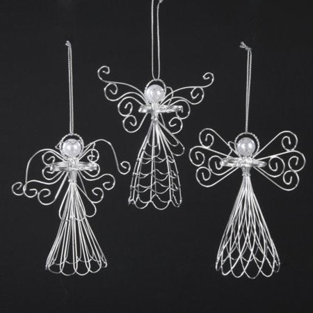 4.7" Silver Wire and Pearl Angel Ornament