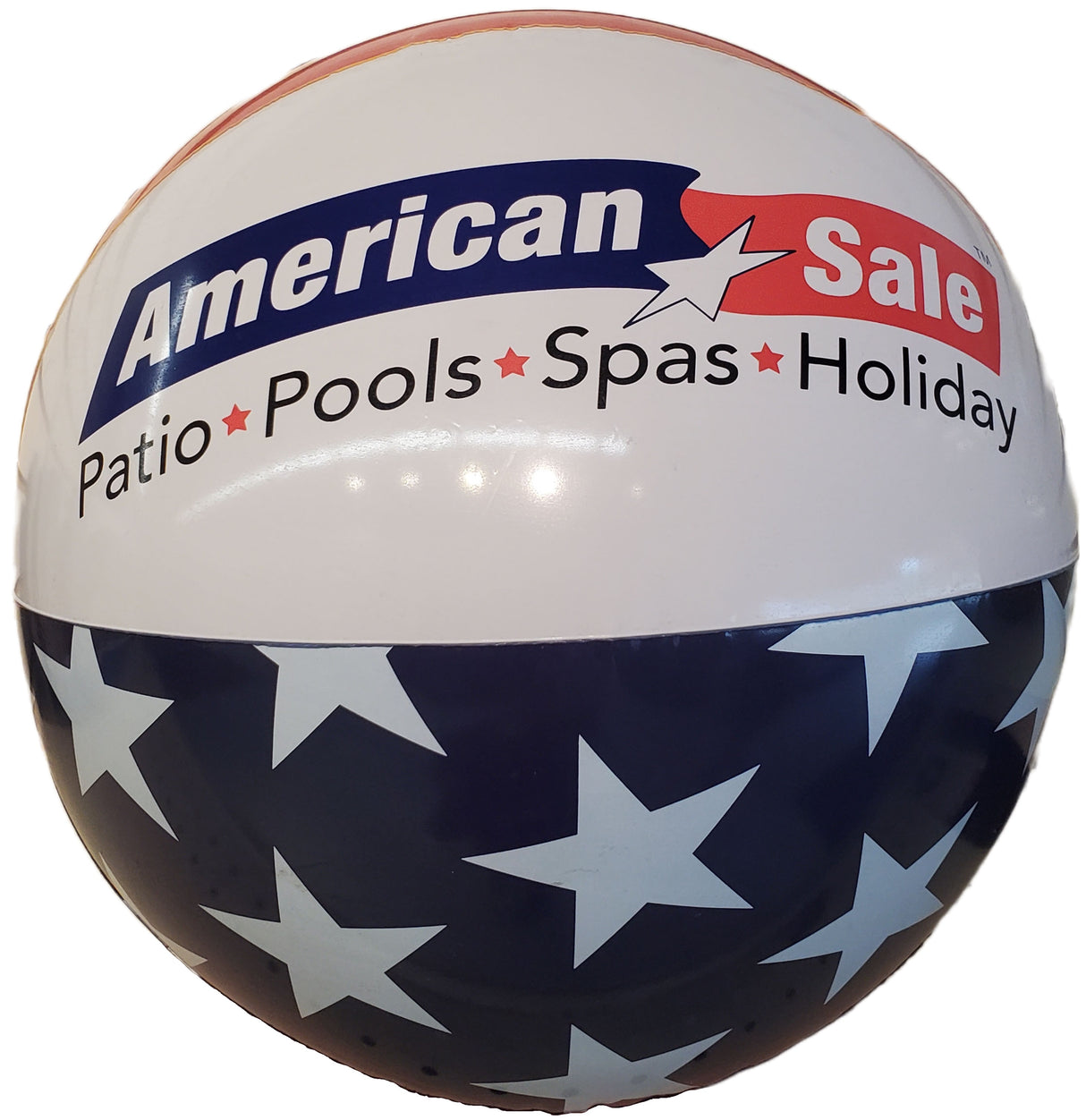 Inflatable beach ball with the American Sale logo on it. There are red, white and blue stripes and white stars. It also reads "Patio. Pools. Spas. Holiday."