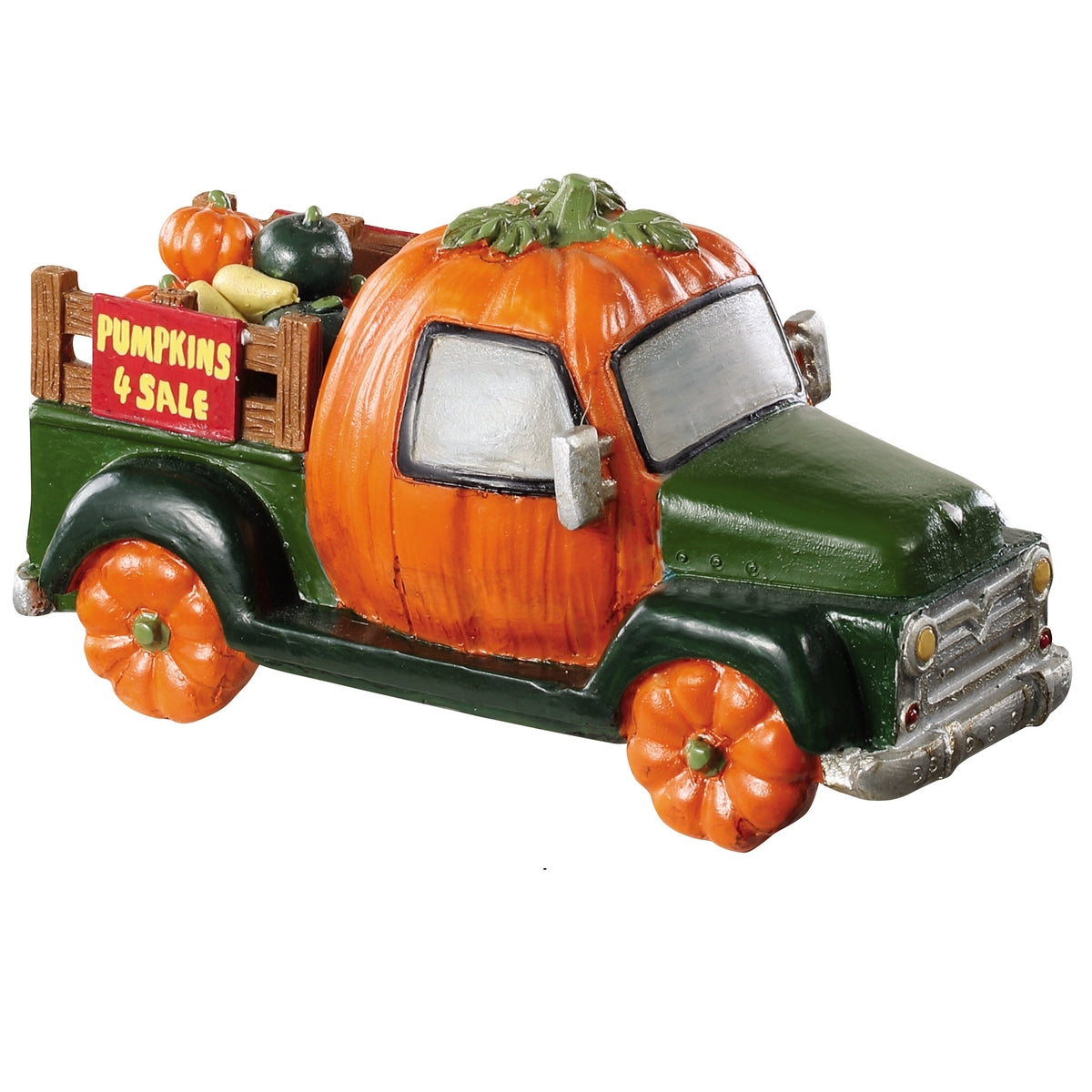 Polyresin figure for a Lemax display. Designed to look like a truck made out of pumpkins. There are pumpkins and gourds in the bed of the truck and a sign that reads "PUMPKINS 4 SALE."