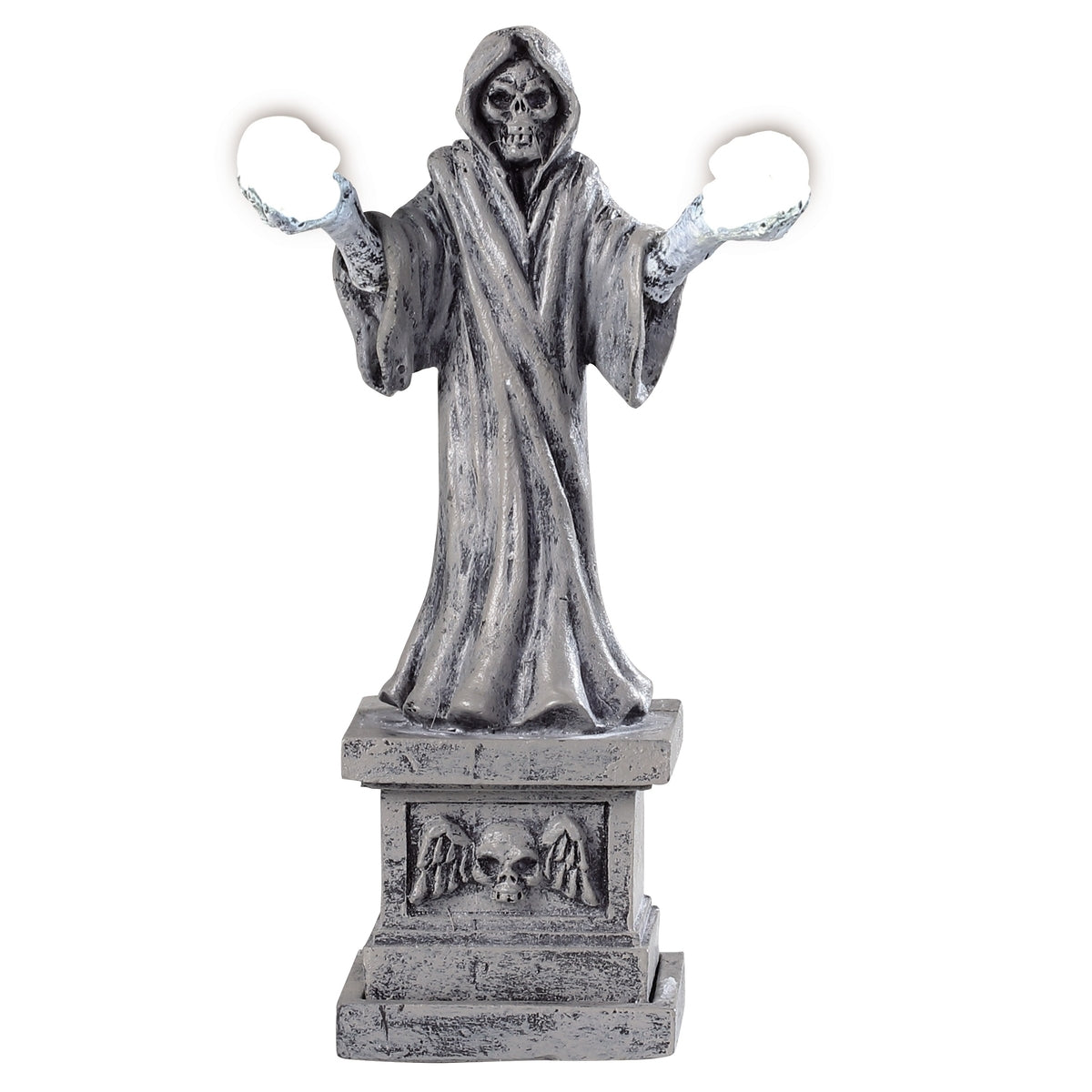 Plastic village accessory for a Lemax display. Designed to look like a Grim Reaper statue. The statue's hands are two lights.
