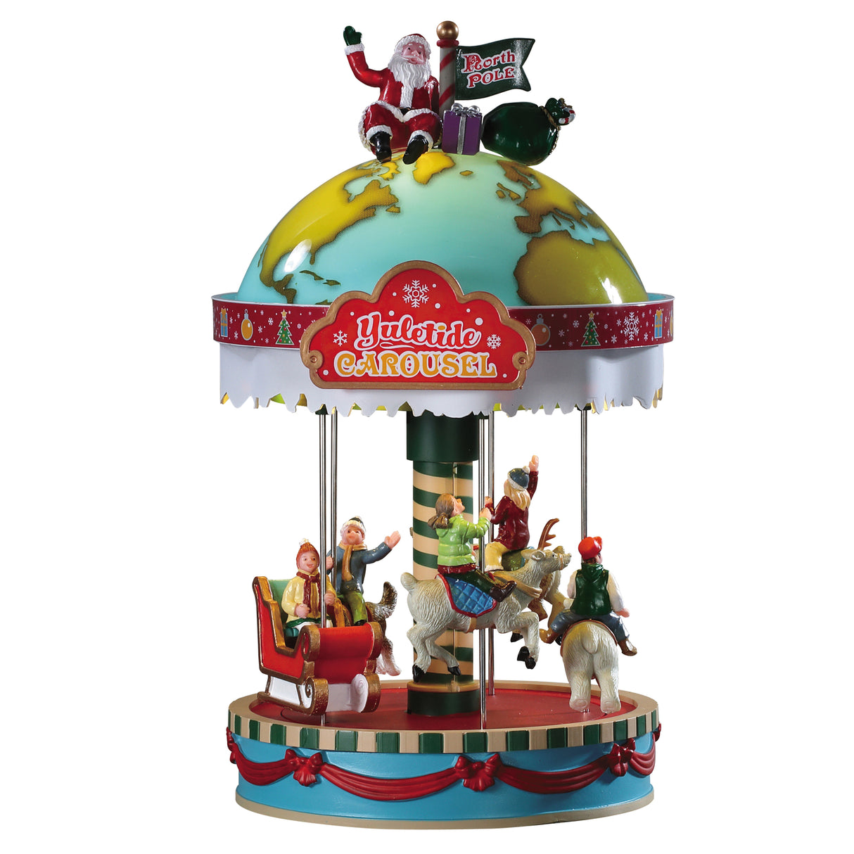 Polyresin carousel for Lemax Village display. The sign reads "Yuletide Carousel" and features Santa on top. The top of the carousel looks like a globe. There are kids on the various animals on the carousel