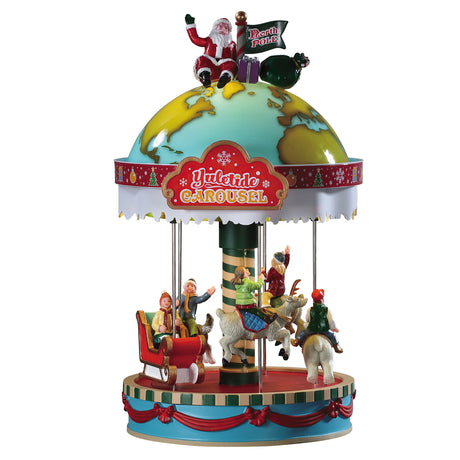 Polyresin carousel for Lemax Village display. The sign reads "Yuletide Carousel" and features Santa on top. The top of the carousel looks like a globe. There are kids on the various animals on the carousel