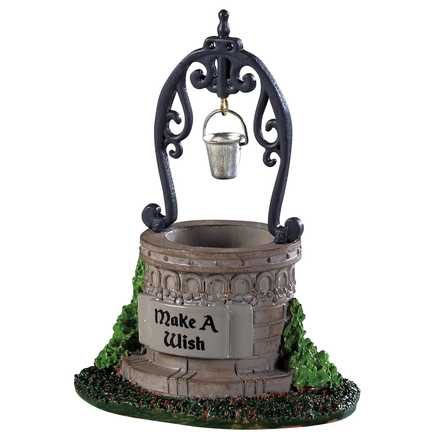 Polyresin well that appears to be made of stone. The sign reads "Make a Wish." There's grass and leaves on each side