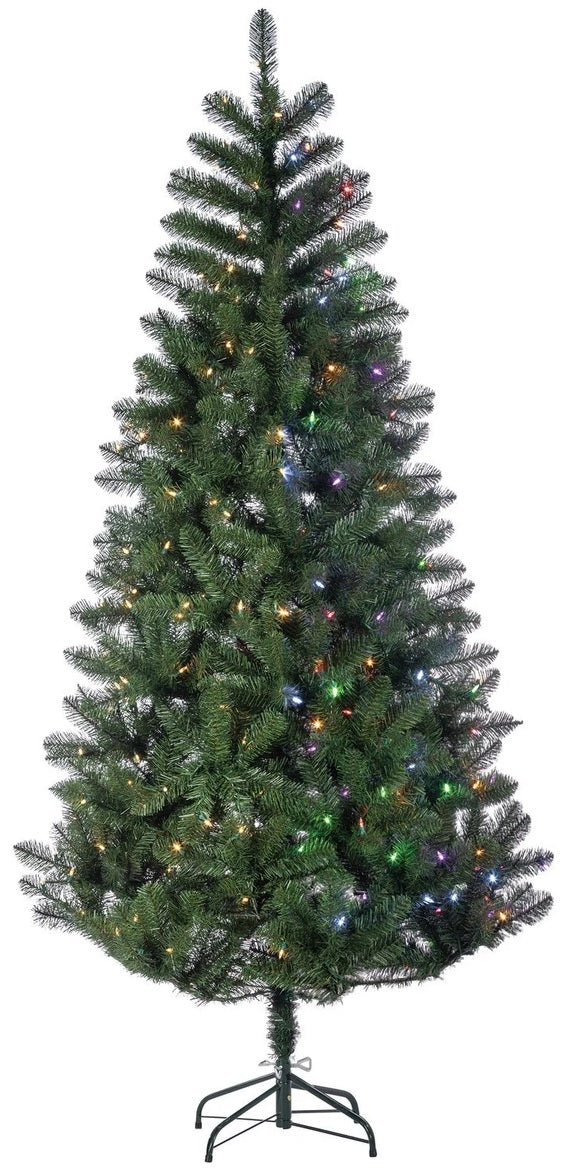 Christmas tree decorated with dual lights. Lights change from multi-colored to clear.