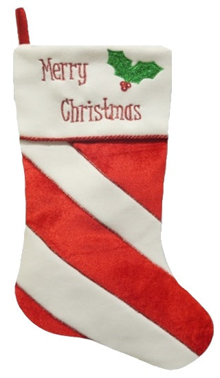 20.5" Red and White Striped Velvet Christmas Stocking with Holly Leaf Embroidery