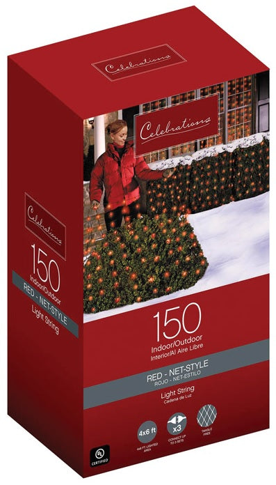 Basically a blanket of lights. You can wrap it around tree trunks, you can throw it over a bush, etc. The lights are red and the wire is green.