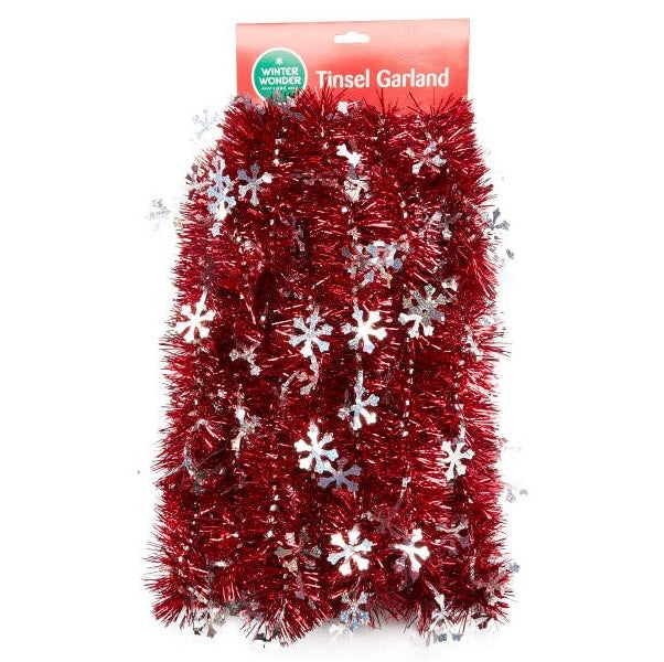 10' Shiny Red Tinsel Garland with White Snowflakes