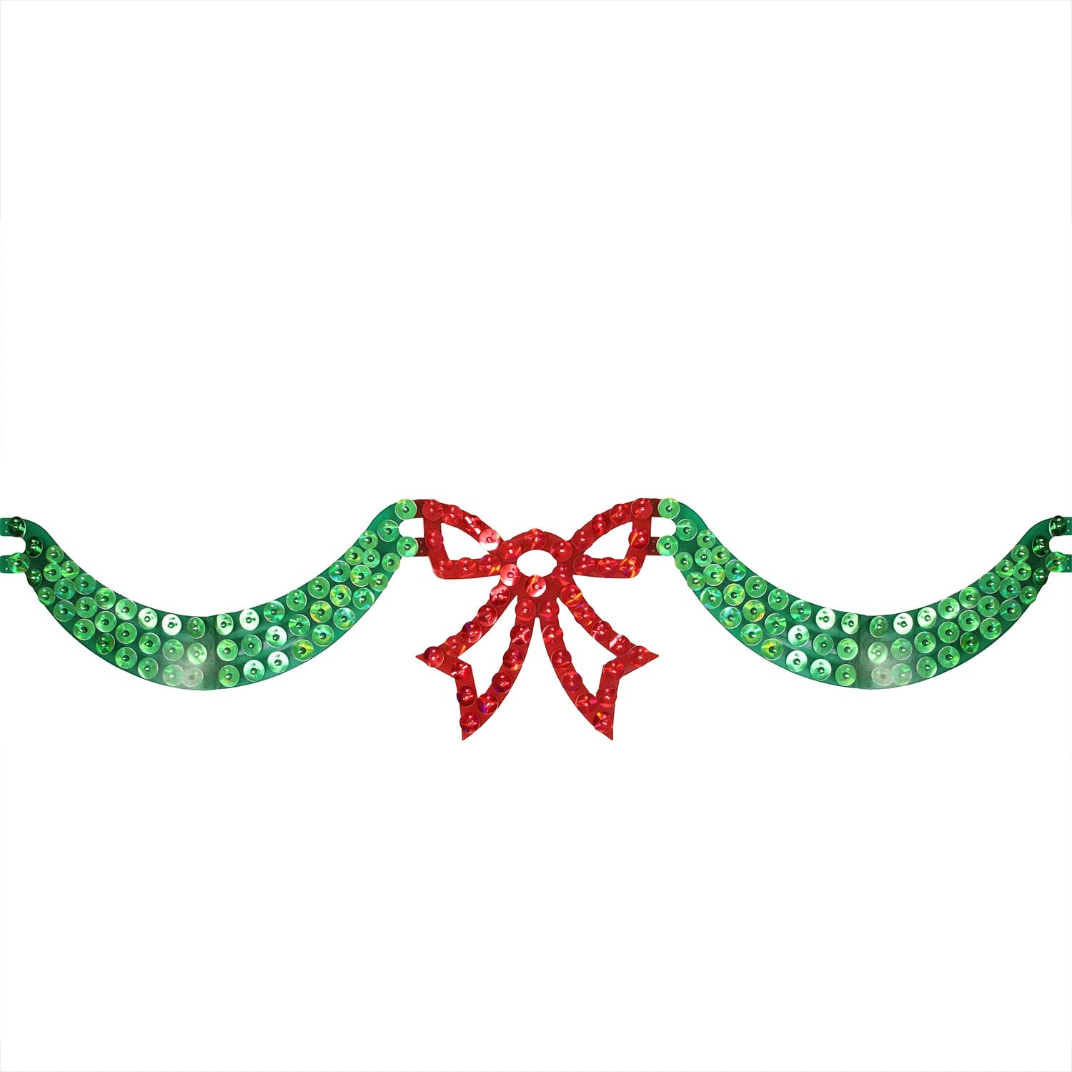 6 foot long lighted Christmas decoration designed to look like green ribbon with a red bow in the center.
