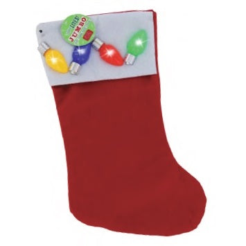 Red holiday stocking with a furry white cuff. On the cuff there are four different colored lights that light up.