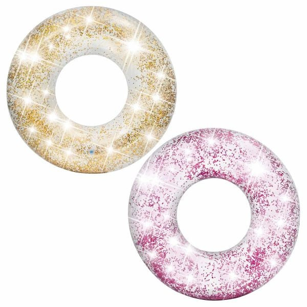Clear inflatable inner tube with glitter inside. There are two glitter options: gold or purple.